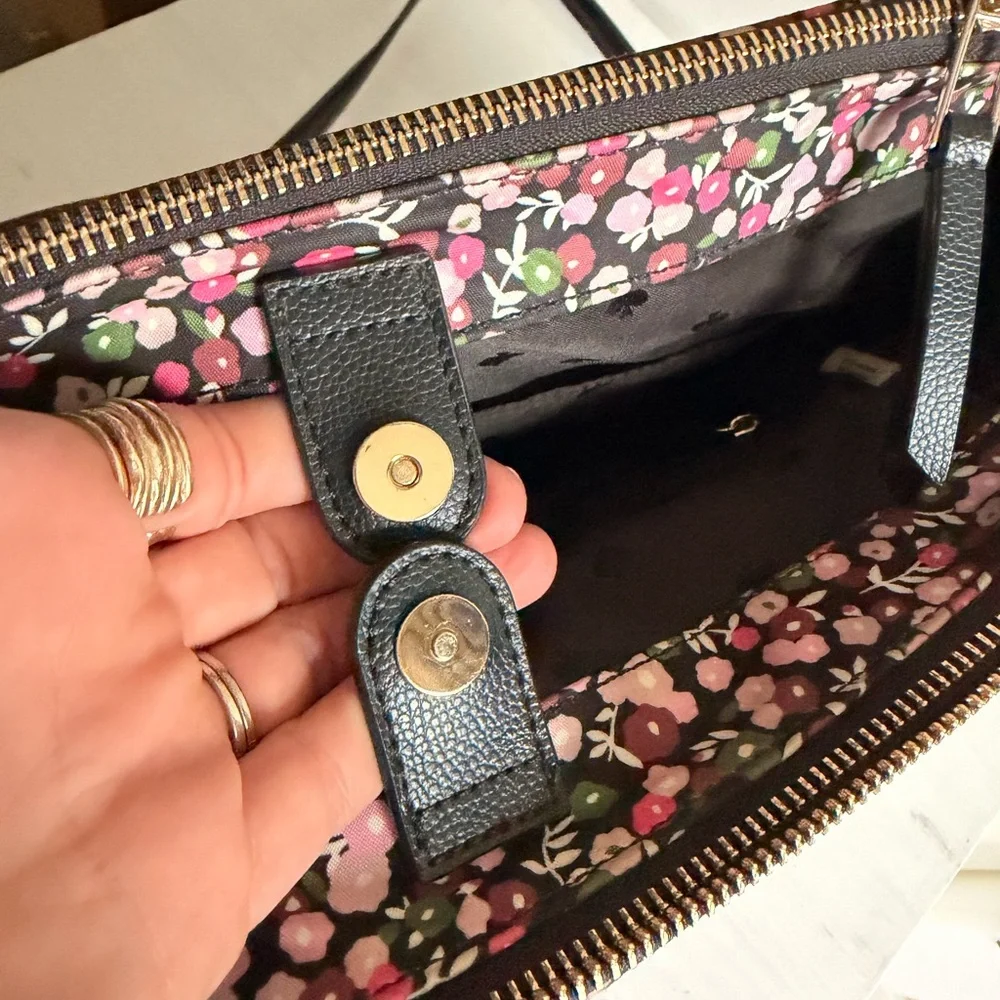 kate spade Black Floral Tote with Pink and White Blossoms and Green Leaves - Picture 9 of 14